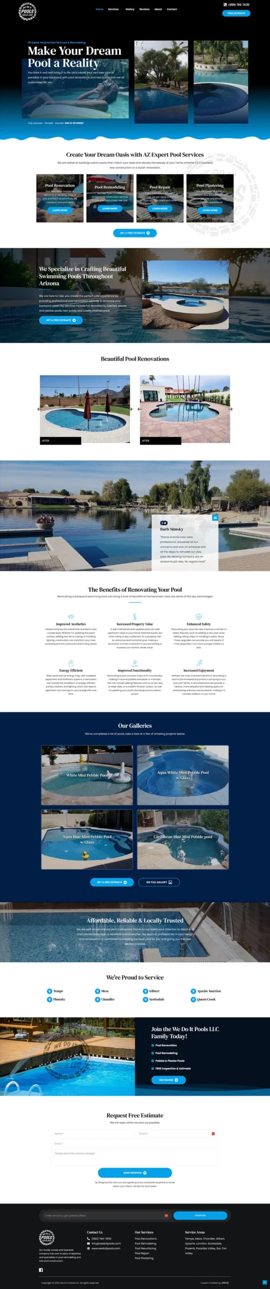 Screenshot of a pool service website featuring a blue and white-themed layout, with a header, featured pool design images, service details, photos of pools, customer reviews, contactors info, service area map, and SEO-optimized contact information. {{brizy_dc_image_alt imageSrc=