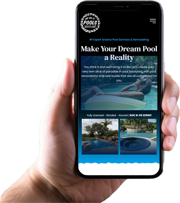 A hand holding a smartphone displaying a pool services website, featuring the text Make Your Dream Pool a Reality, marketing images of pools, and a logo at the top. {{brizy_dc_image_alt imageSrc=