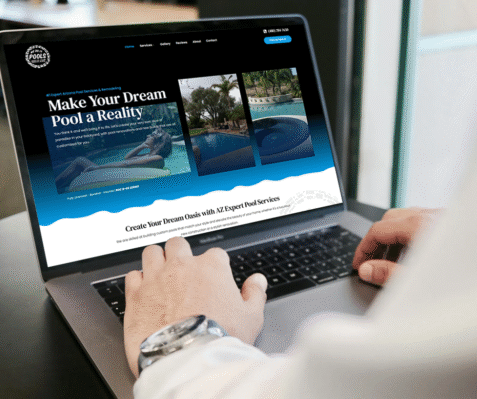 A person uses a laptop displaying a web design for pool services, featuring the headline Make Your Dream Pool a Reality with images of swimming pools and a woman relaxing on a pool float. {{brizy_dc_image_alt imageSrc=